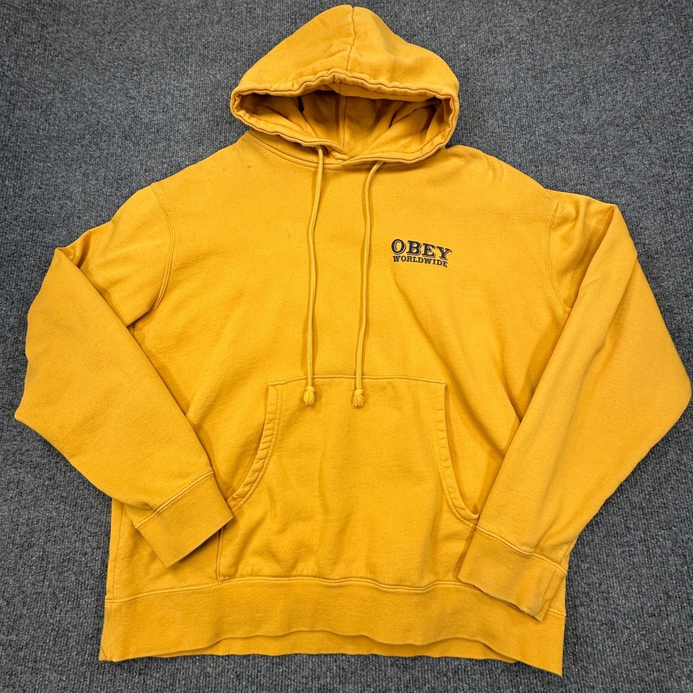 Obey Worldwide Hoodie Mens Large Oversized Yellow Distressed Sweatshirt PLS READ - Picture 2 of 12